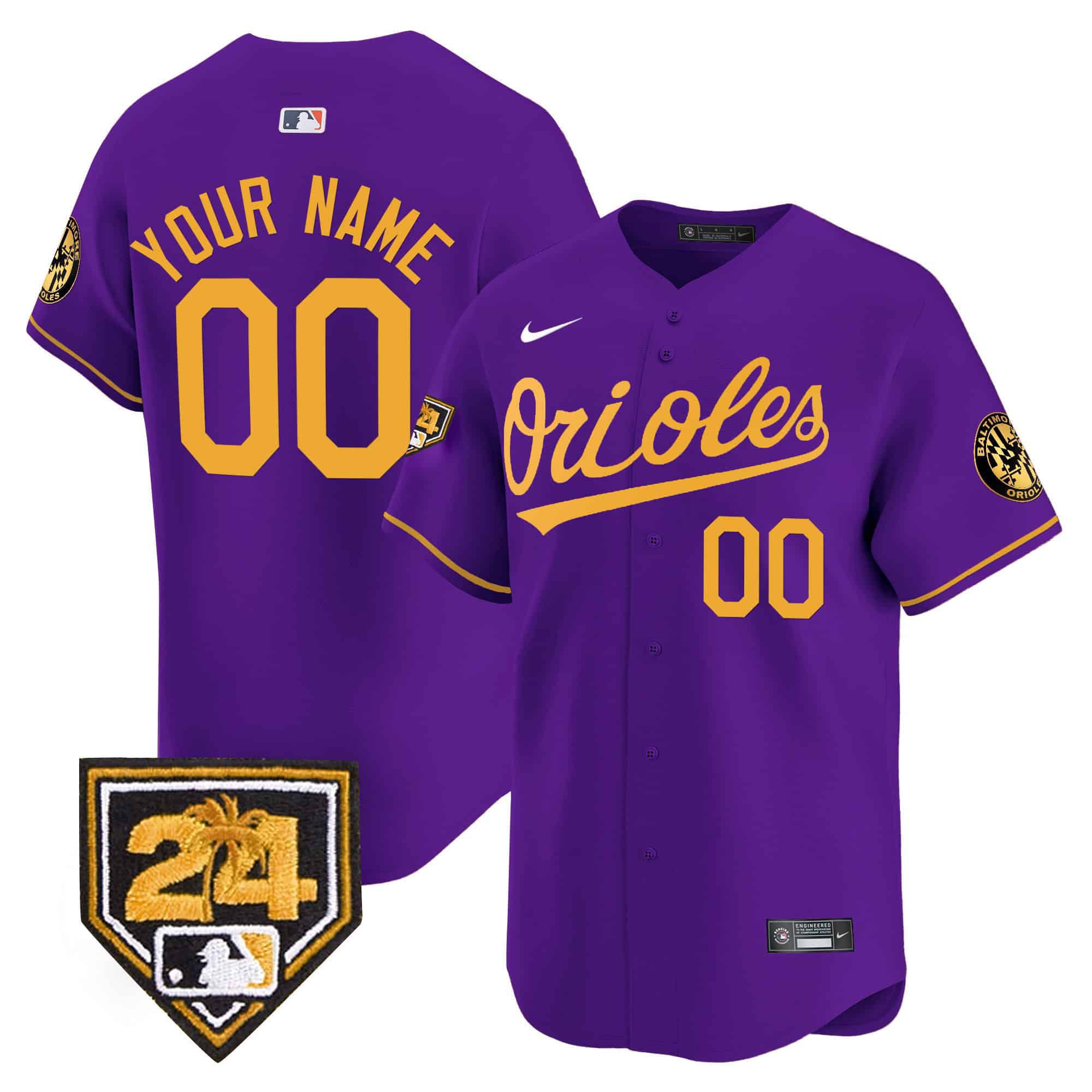 Men Baltimore Orioles Purple Nike 2024 Spring Training Patch Vapor Premier Limited Custom MLB Jersey->->